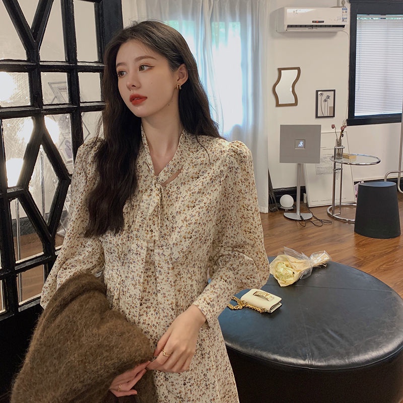 Đầm tay dài phồng cổ chữ V in họa tiết hoa thời trang thu đông cho nữ