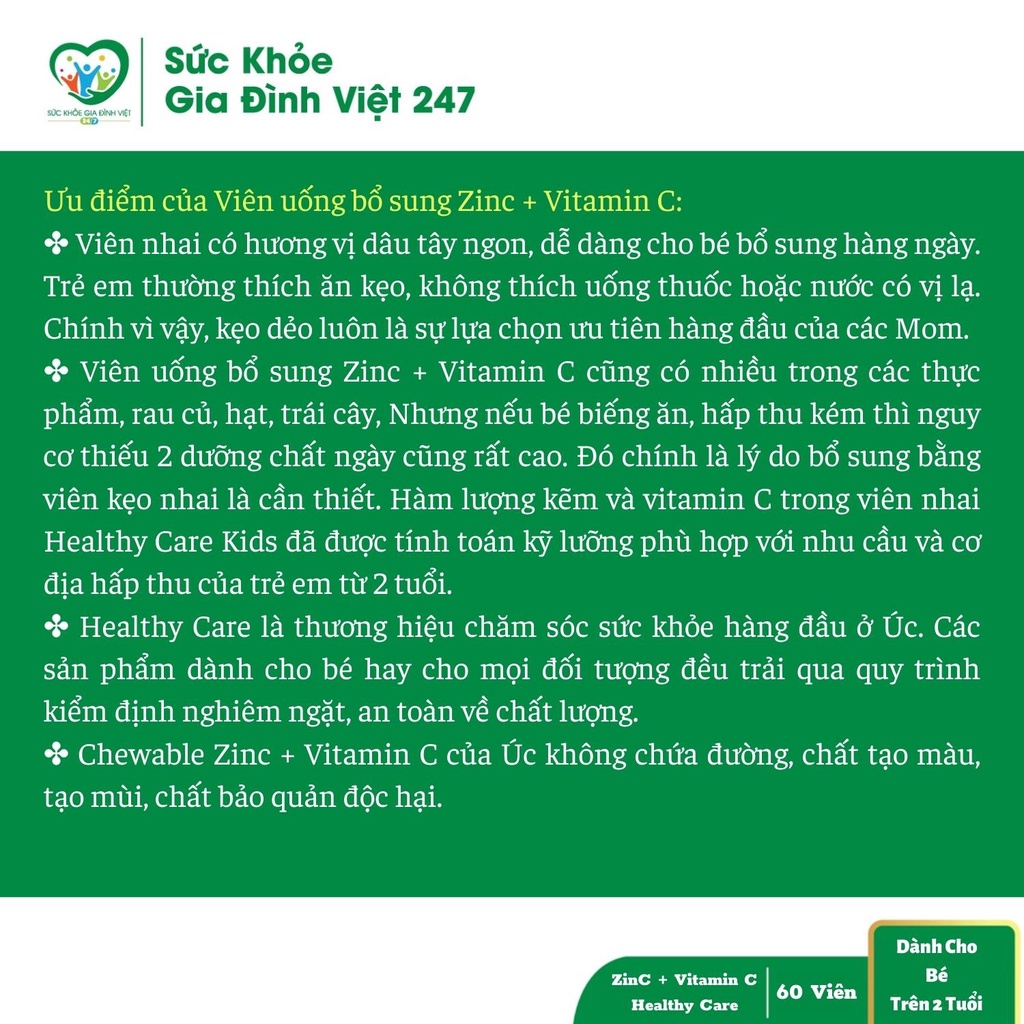 Viên Nhai Kẽm Zinc + Vitamin C Healthy Care - Bổ Sung Kẽm Tăng Đề Kháng Phát Triển Toàn Diện (60 viên vị dâu)
