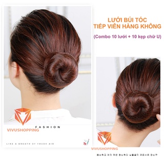Combo 10 Lưới búi tóc tiếp viên kèm 10 kẹp chữ U
