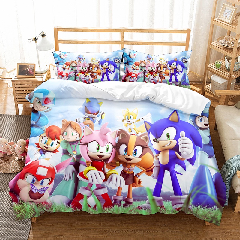 Bộ Chăn Ga Và Vỏ Gối Họa Tiết Hoạt Hình sonic 3D