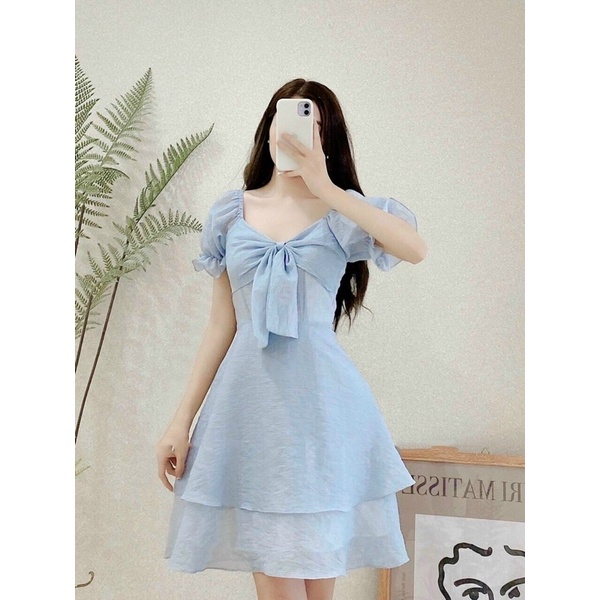 Đầm cổ vuông hai tầng nơ ngực thiết kế cao cấp