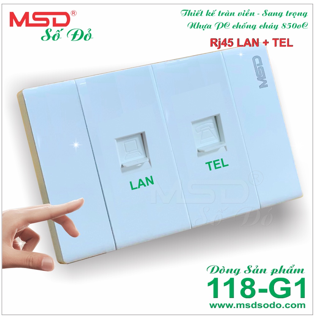 Ổ CẮM ĐIỆN THOẠI RJ11 - Ổ CẮM MẠNG LAN RJ45 - DÒNG 118G1 MÀU TRẮNG - [BO-1LAN-1TEL -118G1]