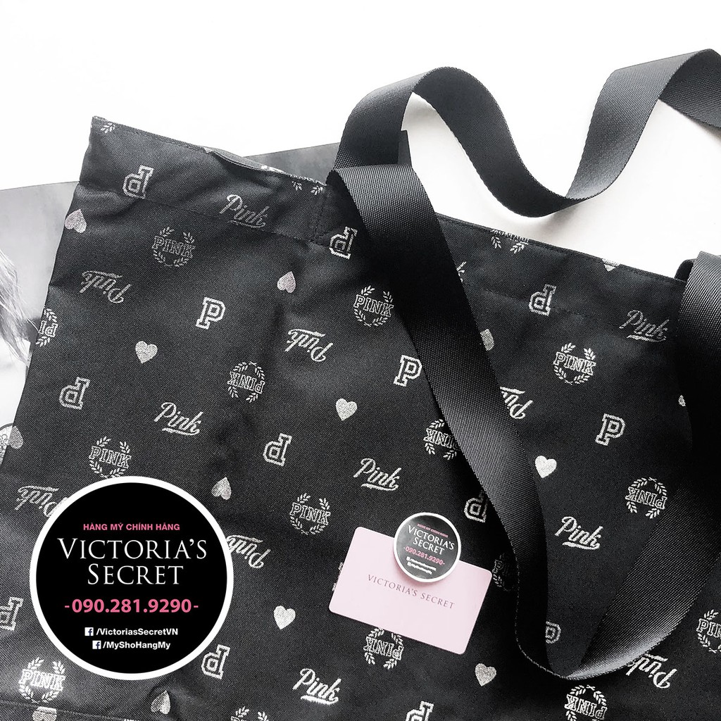 (Túi Bill Mỹ 83) Túi vải mỏng, gọn nhẹ in logo Pink và trái tim bạc - Hàng nhập Victoria's Secret USA