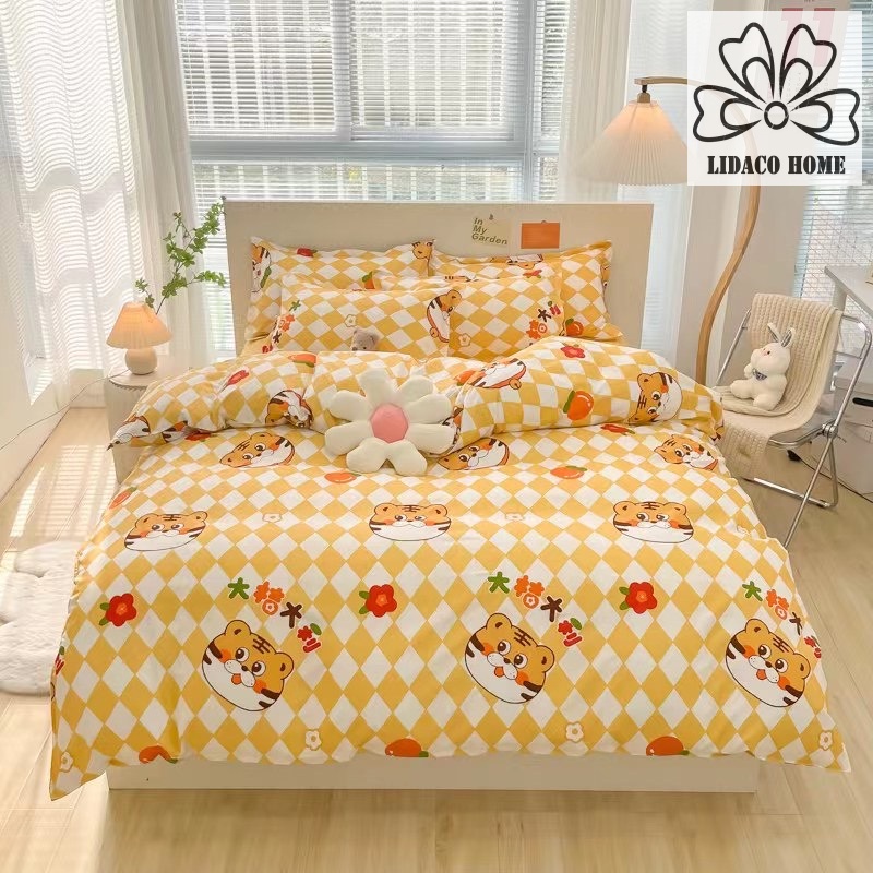 Bộ chăn ga gối cotton poly Lidaco decor phòng ngủ vintage - Hổ hoa (SP001481)