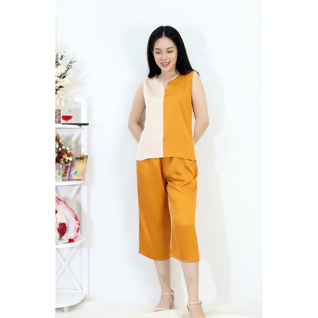 [HÌNH THẬT 100%] Bộ đồ Pijama nữ lửng pha 2 màu VÀNG KEM - vải lụa satin cao cấp - Cực Kì Sang Chảnh | BigBuy360 - bigbuy360.vn