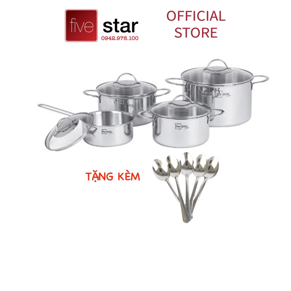 Bộ nồi 3 lớp đáy liền inox 304 cao cấp Fivestar Plus 4 món quai oval nắp kính , tặng 10 muỗng ăn