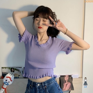 <Ready> Áo Thun Dệt Kim Cổ Chữ V Dáng Ôm Phong Cách Retro Gợi Cảm