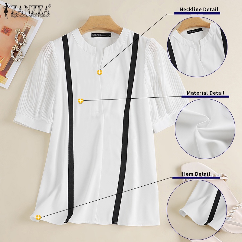 Áo kiểu ZANZEA tay lửng cổ chữ v xếp ly phong cách Hàn Quốc dễ phối đồ cho nữ