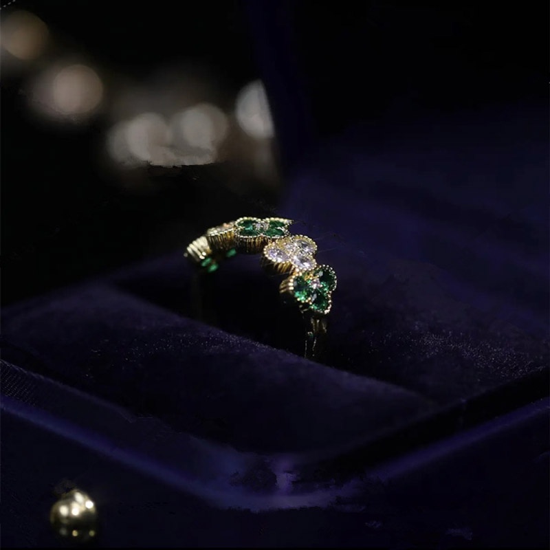 Nhẫn Đeo Tay Kim Loại Đính Đá Zircon Màu Xanh Lá Cây Phong Cách Hàn Quốc Độc Đáo Thời Trang