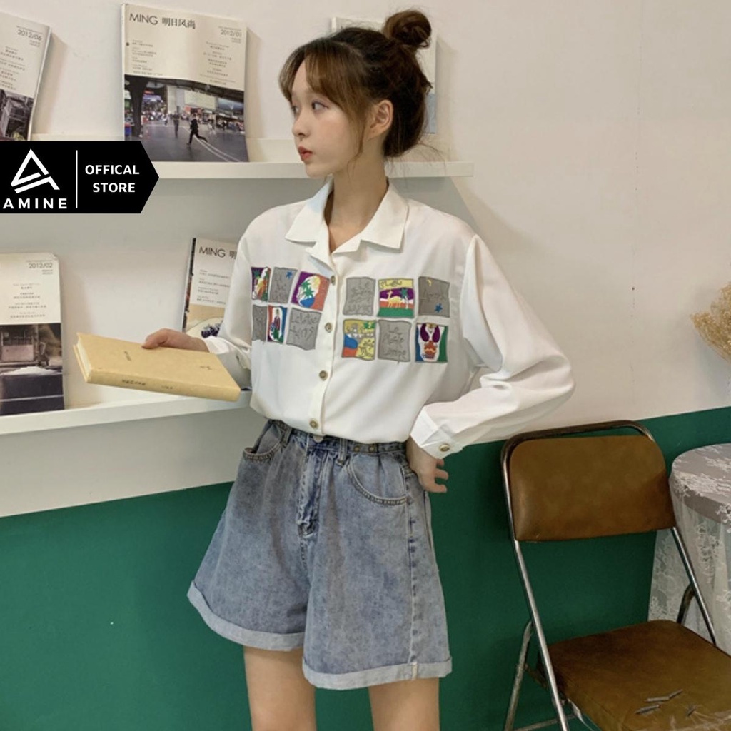 Áo sơ mi nữ đẹp, Sơ mi tay ngắn Free size thêu hình phong cách Hàn Quốc M01 | BigBuy360 - bigbuy360.vn