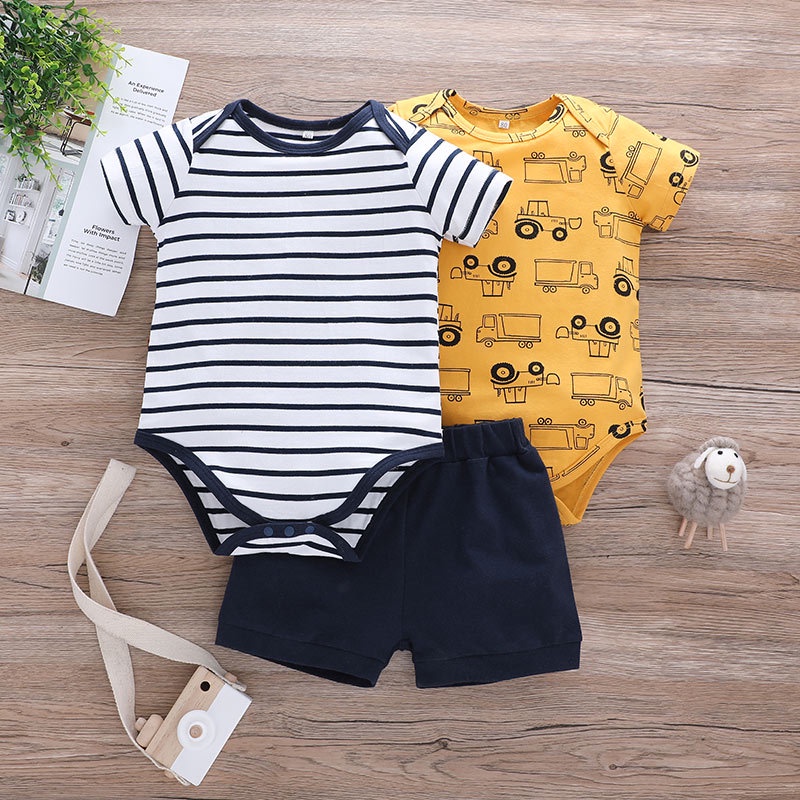 Bộ Đồ 3 Món Quần Áo Bé Trai Body Tay Ngắn Bodysuit Liền Thân Và Quần Ngắn Set Mùa Hè Thời Trang Cho Bé Trẻ em Sơ Sinh 0-24 Tháng