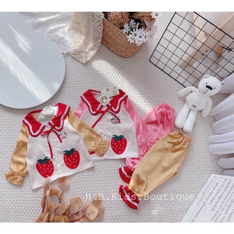 Bộ lụa 2 quả dâu dài tay bé gái