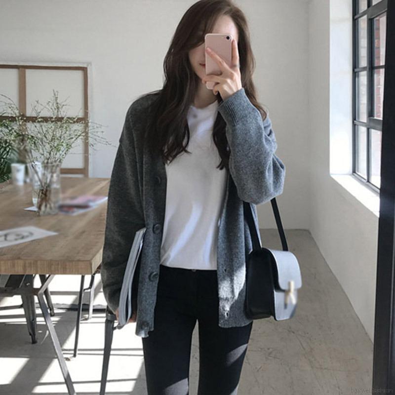 Áo Khoác Cardigan Dệt Kim Cổ Chữ V Tay Dài Màu Trơn Kiểu Hàn Quốc Đơn Giản | BigBuy360 - bigbuy360.vn