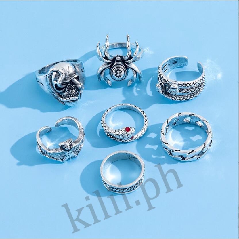 Kilii set 7 Nhẫn Hai Đầu Hình Rắn Phong Cách hip hop Cá Tính Cho Nam