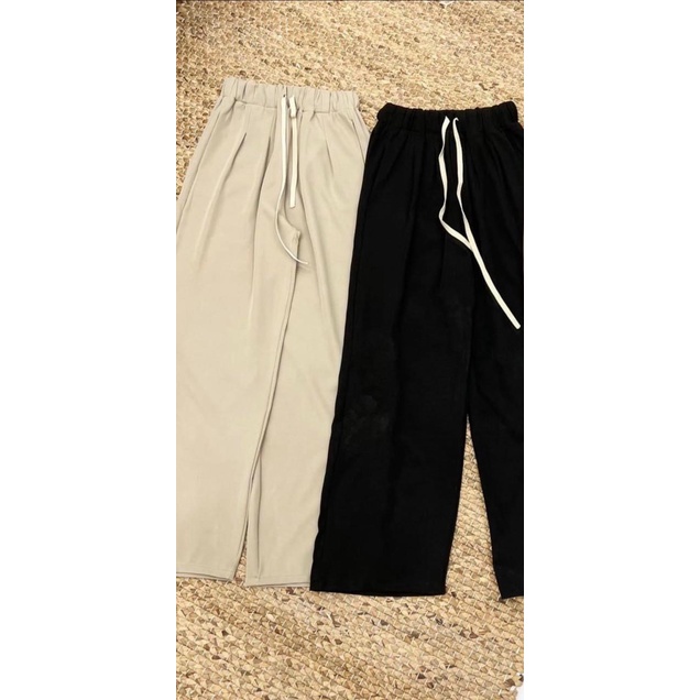 Quần Ống Rộng Nữ Lưng Cao Cạp Thun Chun Dây Rút Dáng Dài Thể Thao Vải Đen Nâu Mã 1108