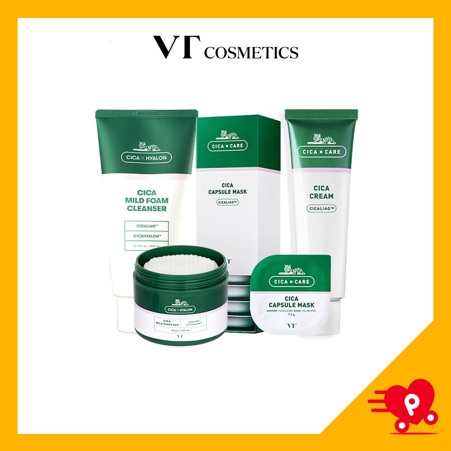 Bộ 4 sản phẩm chăm sóc da VT Cica centella rau má (gồm: Sữa rửa mặt, Toner pad, Mặt nạ đất sét và Kem dưỡng) PICKO