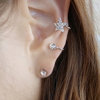 Bông tai ngôi sao ba mảnh gồm 1 cái xỏ lỗ tai + 1 cái kẹp vành tai như hình