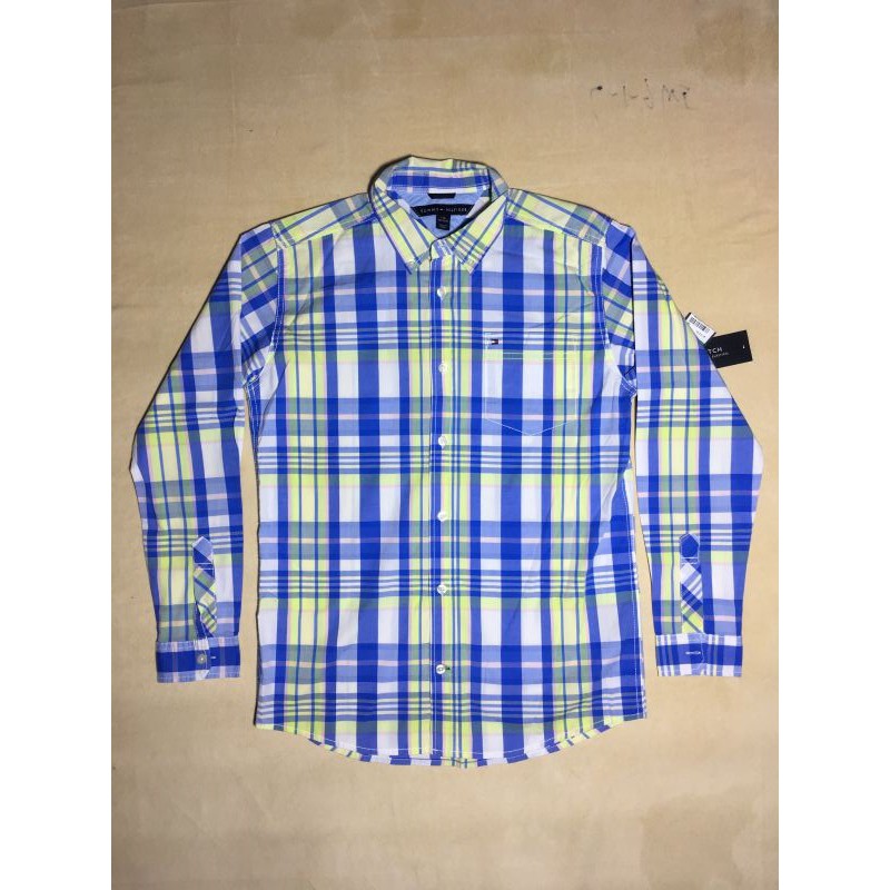 Áo sơ mi công sở nam cotton tay dài sọc nhuyễn màu xanh Tommy Hilfiger size L