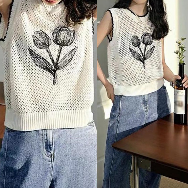 Áo Dệt Kim Sát Nách Cổ Tròn Dáng Rộng Thời Trang Mùa Hè Phong Cách Hàn Quốc Cho Nữ Fl