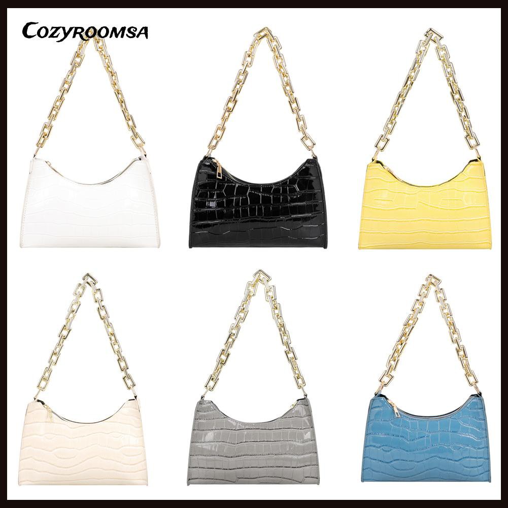 Túi xách kẹp nách da Pu họa tiết da cá sấu màu trơn phối dây xích thời trang cho nữ
