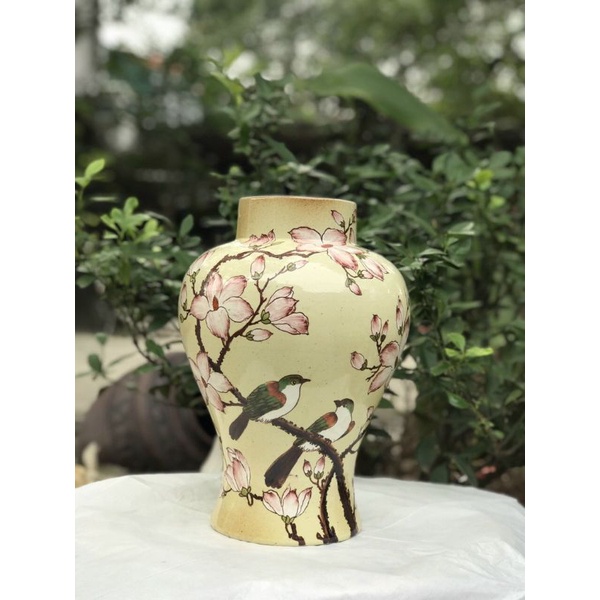 LỌ HOA DÁNG THON MEN LAM VẼ TAY HOA DÂY H30Cm ×M11cm.