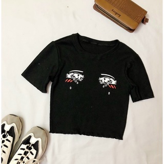 Áo thun nữ croptop chất gân in họa tiết độc đáo cuốn biên