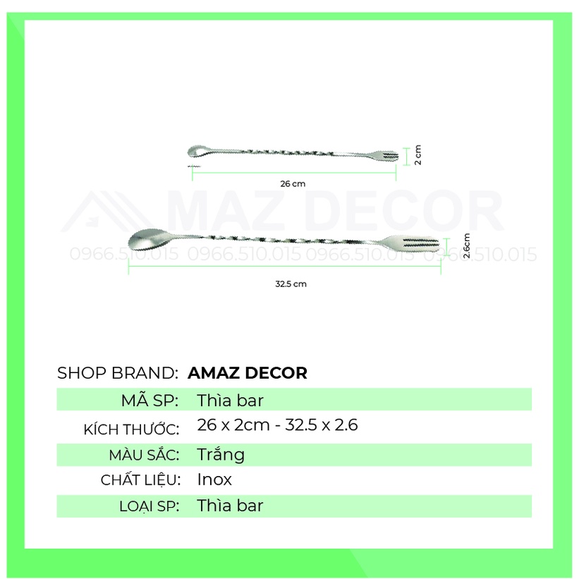 SALE GIÁ SỈ TẠI XƯỞNG Thìa muỗng khuấy bar spoon bartender đầu tròn hai đầu inox 26cm - 32cm