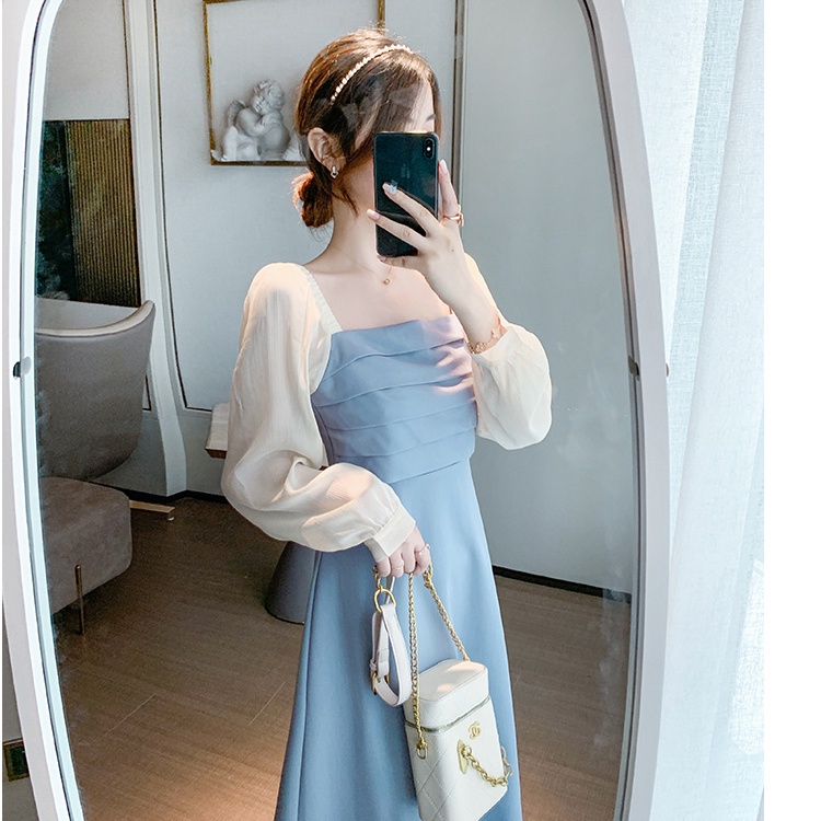 Đầm chiết eo Perty màu xanh lam phong cách Hàn Quốc thời trang mùa hè cho nữ