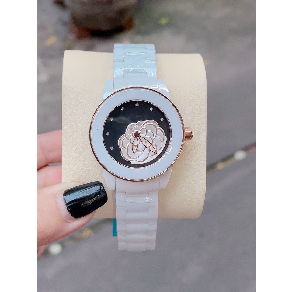 ĐỒNG HỒ NỮ DÂY ĐÁ CERAMIC MẶT HOA  - VỎ SILVER/ROSE GOLD - SIZE 34MM