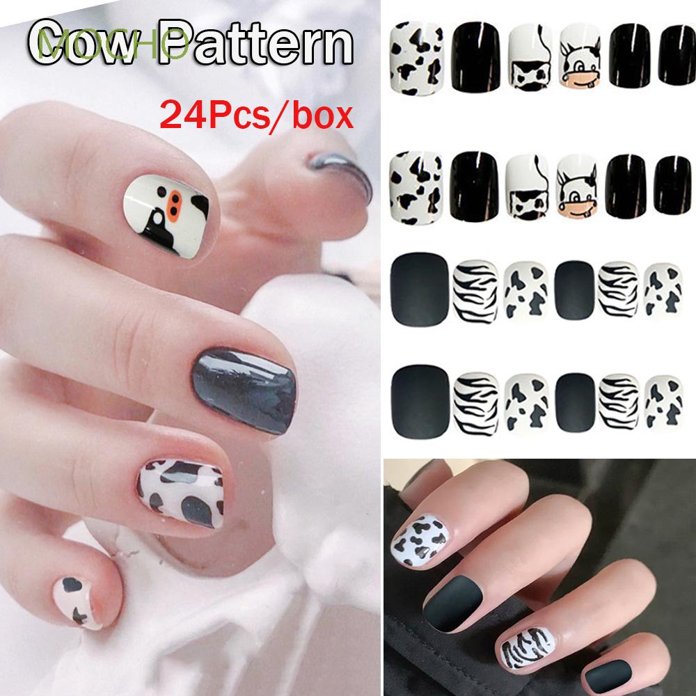 [Hàng mới về] Hộp 24 móng tay giả acrylic dán keo đầu vuông che hết móng họa tiết bò sữa dễ thương thời trang thu đông