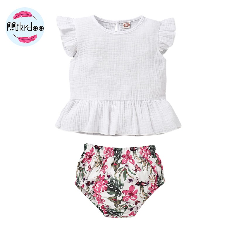 mikrdoo Toddler Infant Baby Girl Clothes Set White Fly Sleeve Top + Floral Short 2PCS Fashion Suit