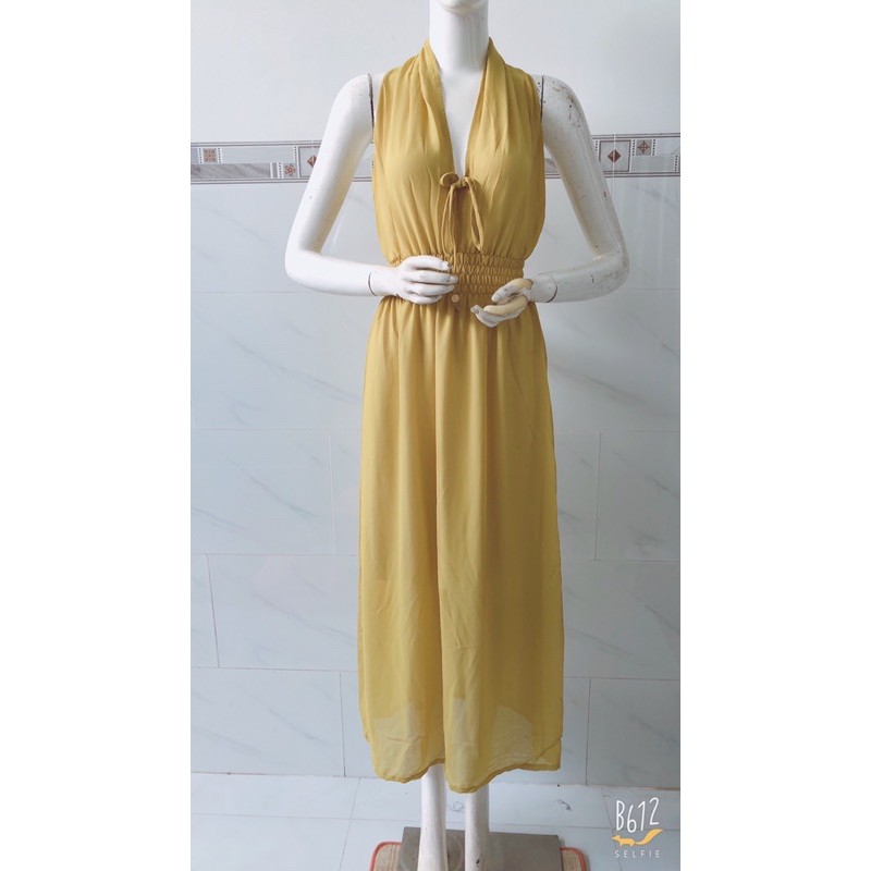 [hình thật]đầm maxi đi biển cổ buộc chifon mềm mịn có lót bên trong (47-55ký)