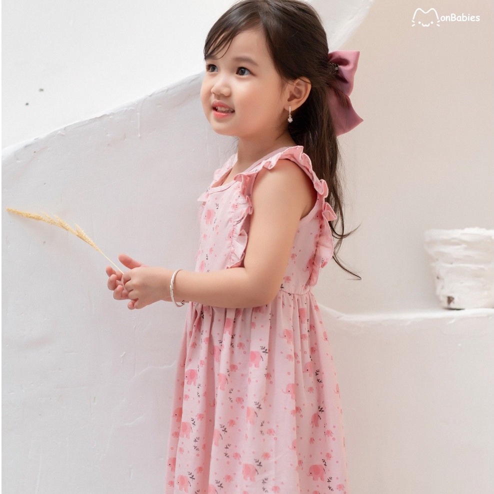 Đầm cho bé gái 1-6 tuổi MonBabies VL79 chất đũi dáng xòe bèo vai màu hồng họa tiết voi con xinh xắn