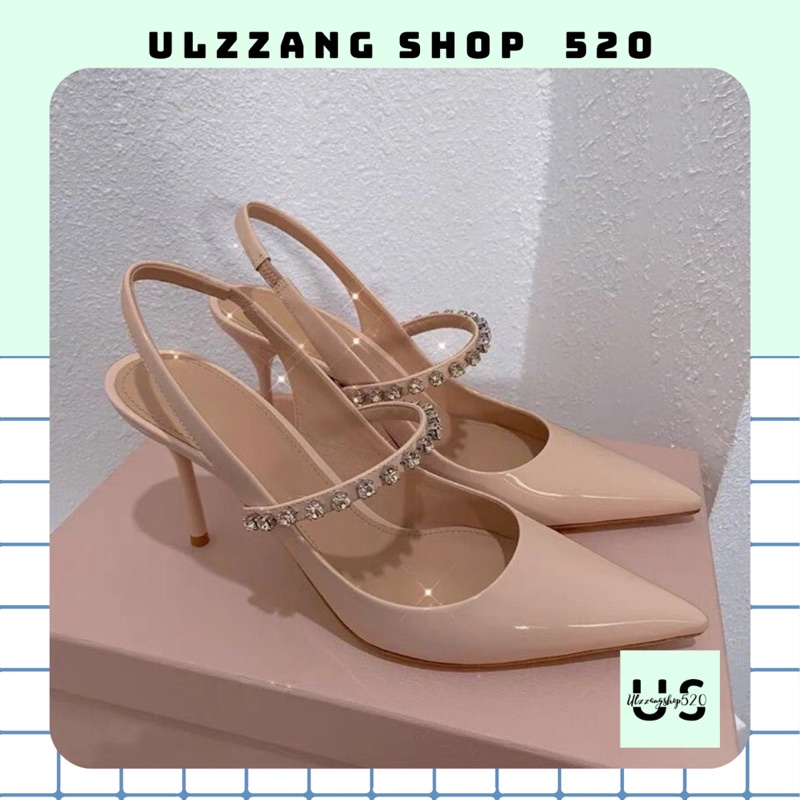 Guốc da bóng quai đính đá 2 màu đen, kem gót mảnh cao 8,5 P kiểu Hàn Quốc hiện đại, cá tính Ulzzangshop520