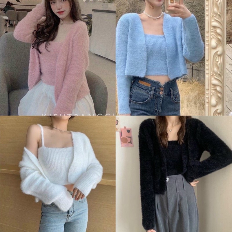 HÀNG CAO CẤP - Set áo 2 dây và khoác lông tay dài Quảng Châu cao cấp - JCOC