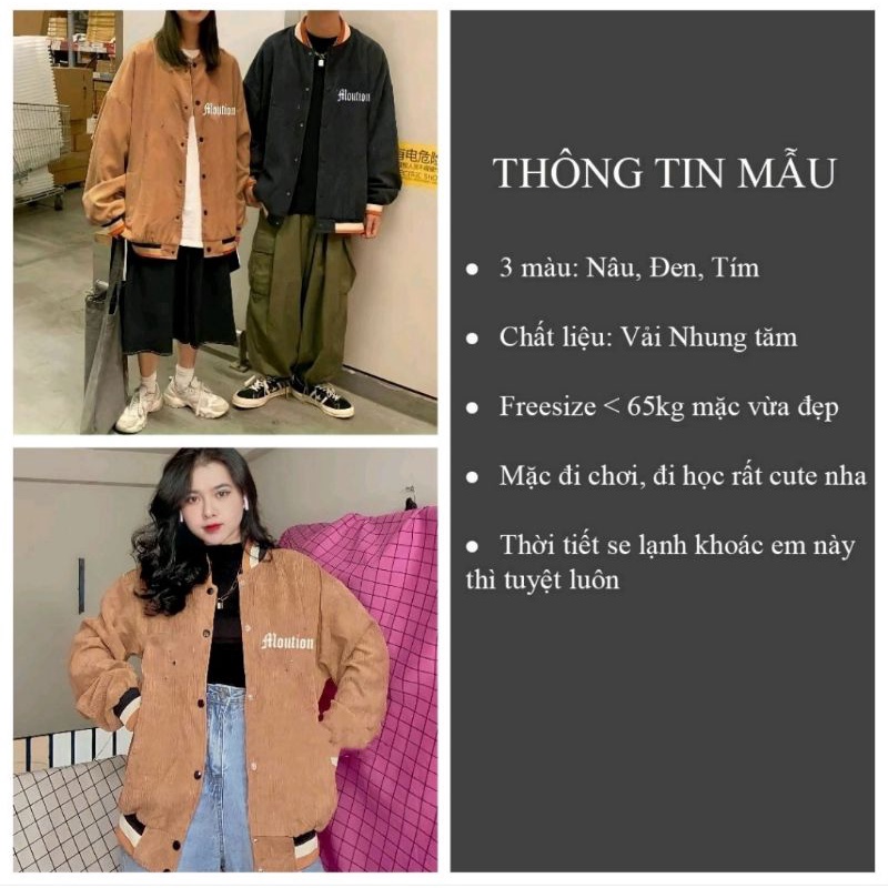 Áo khoác nhung tăm Unisex MOUTION áo khoác Bomber nhung Hàn Quốc