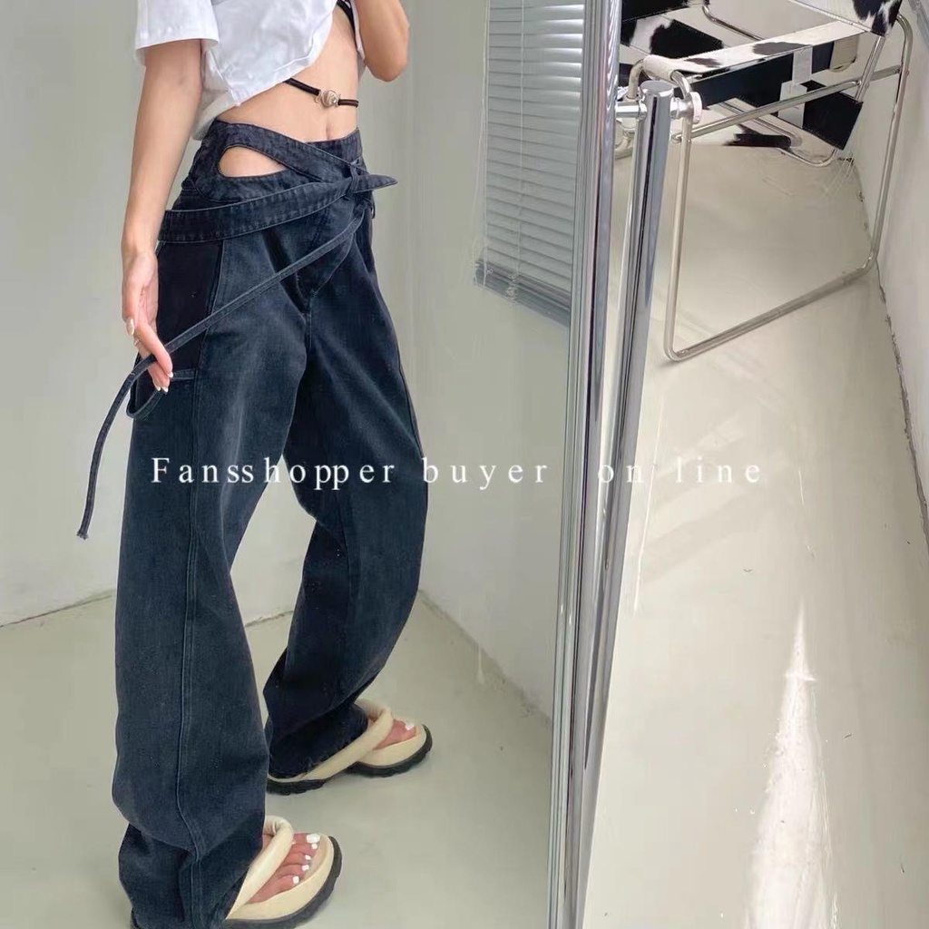 Quần Jean Dài Dáng Suông Rộng Phối Dây Ruy Băng Cá Tính