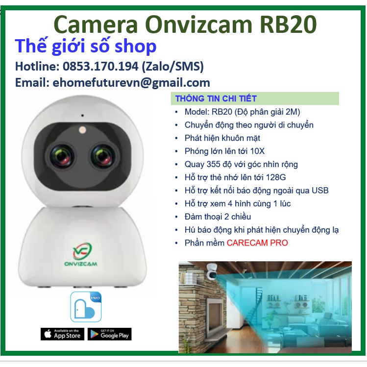 Onvizcam camera, thiết bị an ninh, Rb20pro độ phân giải 2K siêu nét, khả năng zoom 10x Full HD, đàm thoại 2 chiều