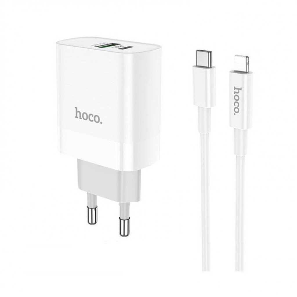 Bộ sạc 3A/PD20W Hoco C80A chuôi tròn 2 cổng USB/Type-C kèm dây sạc Type-C to dài 1M cho IP