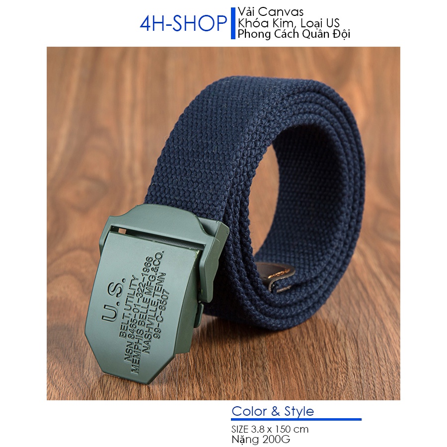 Thắt lưng nam vải bố Canvas khóa kim loại U.S, Size dây 3.5 x 115 cm, phong cach bền, đep, phượt, du lịch, nhiều kiểu ph