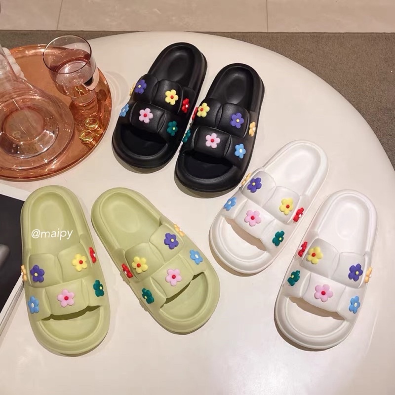Dép Bánh mì Chao gắn sticker HOA NHÍ cao 3cm nữ quai ngang EVA siêu nhẹ đi trong nhà Maipy- DL257