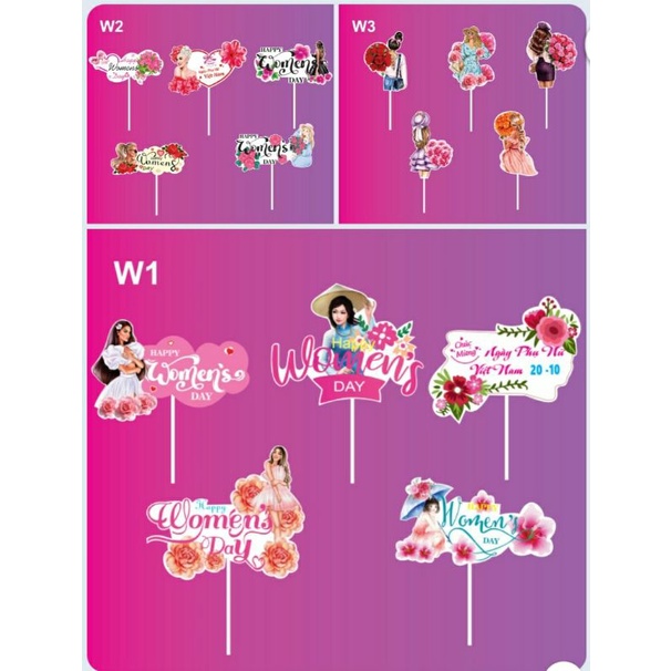 Set cắm giấy chủ đề 8 tháng 3 ngày phụ nữ, happy women's day, trang trí bánh sinh nhật