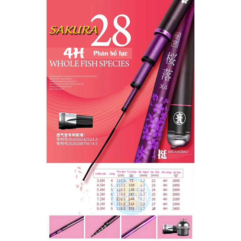 Cần câu tay , Câu Đơn Đài SaKuRa Tím 4H  - Cần câu cá họa tiết Hoa Đào Song Bảo