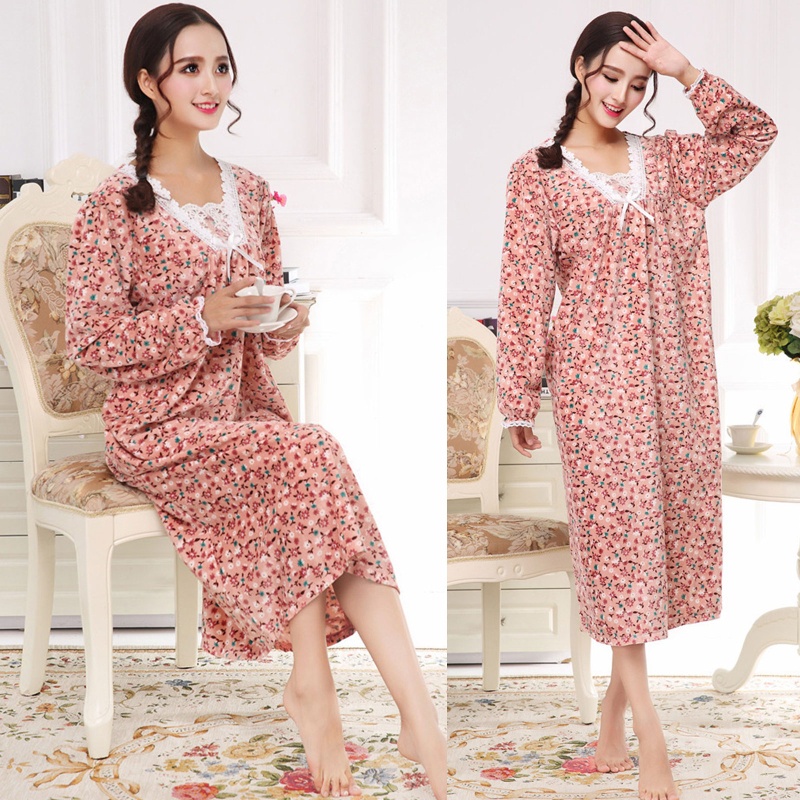 Đầm Ngủ Tay Phồng Dài Cổ Chữ V Phối Ren In Hoa Plus Size