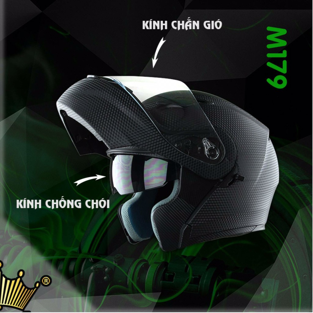 Mũ bảo hiểm Lật hàm 2 kính Royal M179 vân Carbon