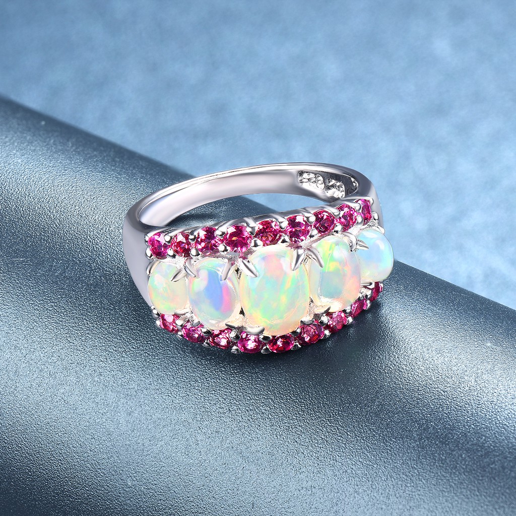 Nhẫn Đính Hôn Bạc 925 Đính Đá Opal Và Rhodolite Thời Trang Cho Nữ