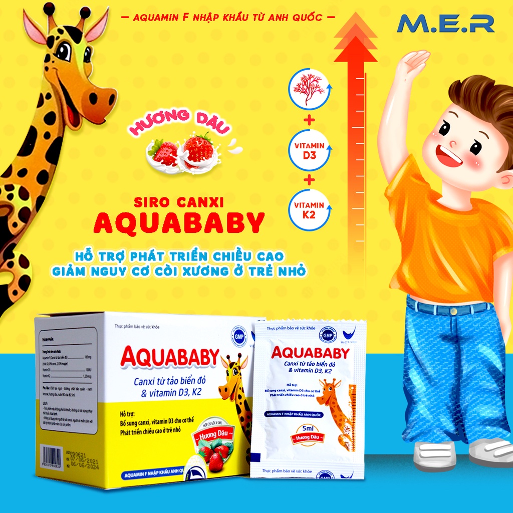 Siro Canxi từ Tảo  Aquababy Cho Bé phát triển chiều cao và thể chất - Hộp 20 gói x 5ml - Aquamin F nhập khẩu Anh Quốc