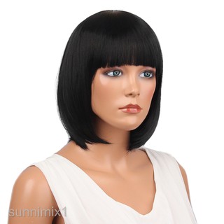 [Sunnimix1] "Tóc tổng hợp thẳng ngắn Bob thời trang nữ có mũ đen