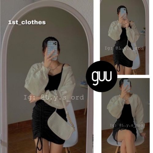 Set váy nữ hai dây rút Hàn Quốc mix áo khoác cardigan trơn mỏng chất bo tăm co dãn hottrend GUU