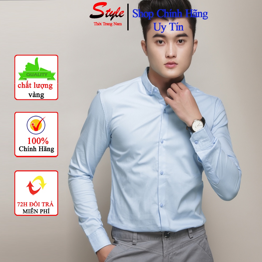 Áo sơ mi nam dài tay Hàn Quốc dáng ôm sơ mi nam trắng cổ bẻ vải lụa thái chống nhăn chống xù
